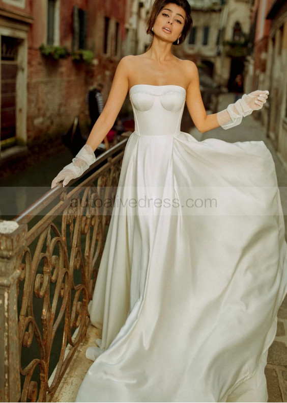 Strapless Beaded Ivory Satin Corset Back Classic Wedding Dress